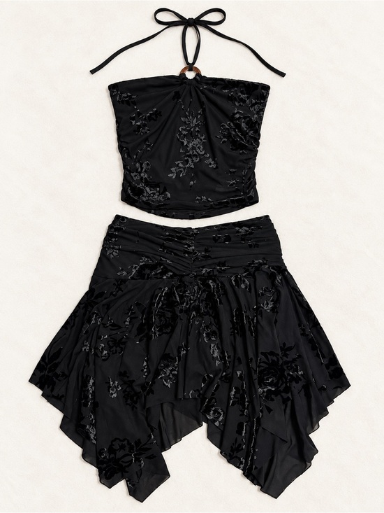 Urban Revivo Dresses & Skirts - Urban Revivo Black Velvet Floral Halter Top & Asymmetrical Skirt Set XS
